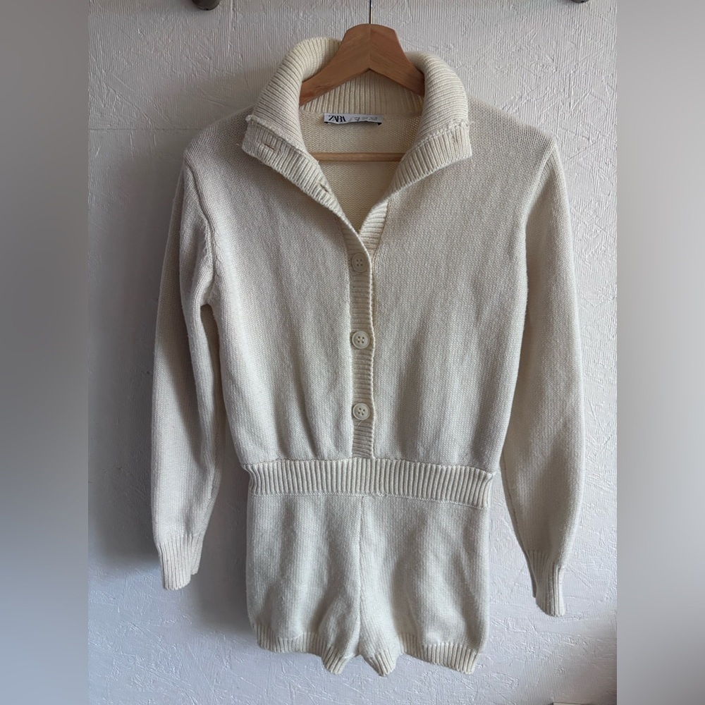 Zara Limited Edition Wool Blend Cream Button Knit Long Sleeve Playsuit Romper - Picture 8 of 14